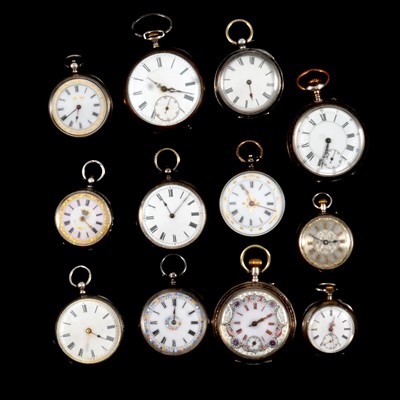 Lot 151 - Twelve silver and white metal open face small pocket and fob watches.
