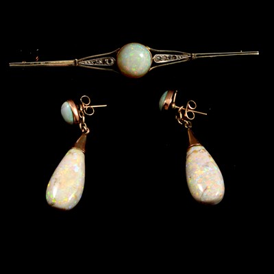 Lot 81 - An opal bar brooch and pair of drop earrings.