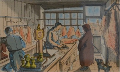 Lot 576 - Edward Bawden, Scenes from Great Badfield, Essex, 1949, Peeling Potatoes and The Butchers shop