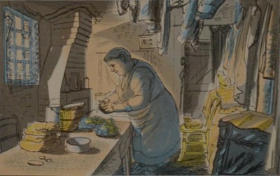 Lot 576 - Edward Bawden, Scenes from Great Badfield, Essex, 1949, Peeling Potatoes and The Butchers shop