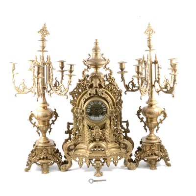 Lot 193 - Large French cast brass clock garniture