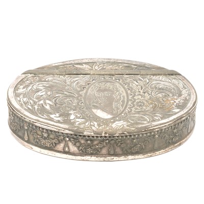 Lot 65 - Victorian white metal engraved snuff box