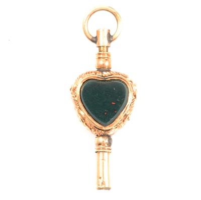 Lot 115 - Victorian yellow metal watch key inset with rock crystal and bloodstone