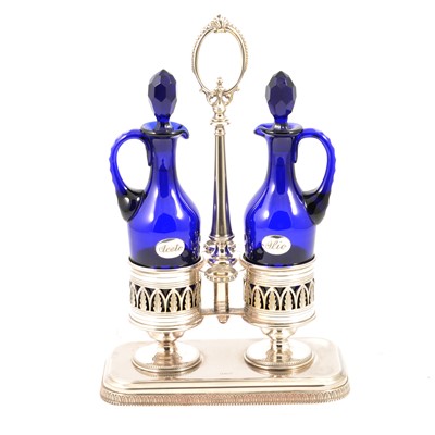 Lot 180 - Victorian Bristol blue oil and vinegar cruet in electroplated stand