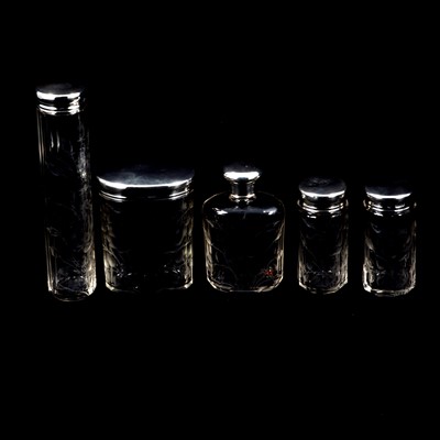 Lot 320 - Five-piece silver mounted dressing table bottle set, W A Ellwick Ltd, London 1917