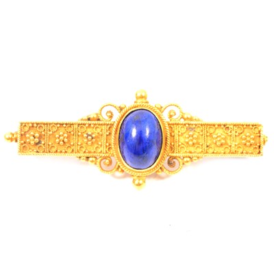 Lot 365 - Mid 19th century Etruscan revival lapis lazuli bar brooch.