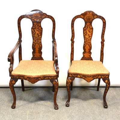 Lot 365 - Dutch walnut and marquetry elbow chair and a similar single chair.