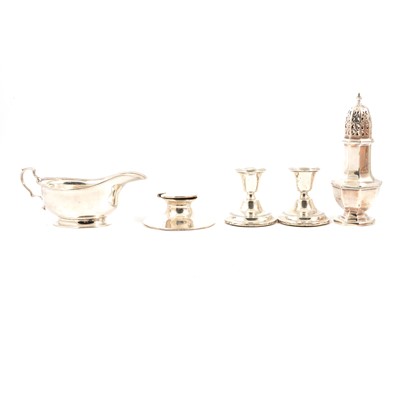 Lot 246 - Silver sauce boat, Adie Brothers Ltd, Birmingham 1942, and other silver items.