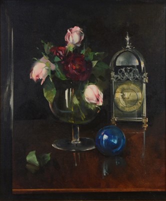 Lot 310 - Zeisel, Still life of flowers and a clock