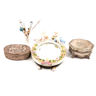 Lot 291 - A white metal jewellery box and another with velvet lining, collection of hat pins, vintage mirror.