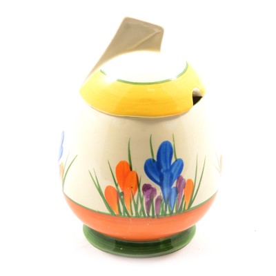 Lot 12 - Clarice Cliff, a 'Crocus' pattern daffodil preserve pot and cover