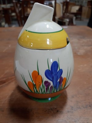 Lot 12 - Clarice Cliff, a 'Crocus' pattern daffodil preserve pot and cover