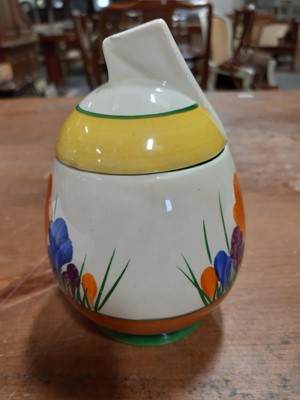 Lot 12 - Clarice Cliff, a 'Crocus' pattern daffodil preserve pot and cover