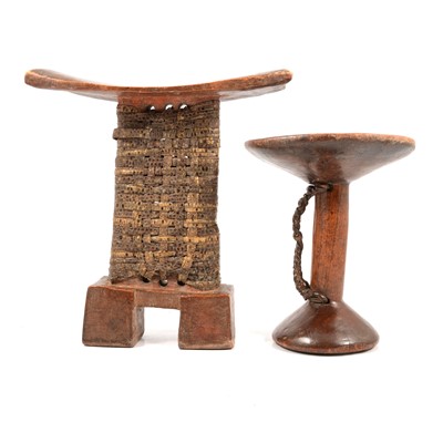 Lot 225 - Eastern wooden headrest, 25cm, and a painted wooden stand.