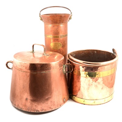 Lot 257 - Copper and brass log bin, copper coal scuttle/umbrella stand;  large copper cauldron.