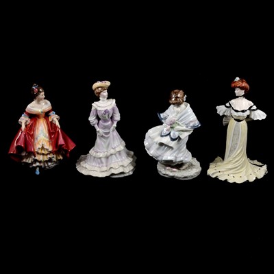 Lot 143 - Eight Royal Doulton, Royal Worcester and Coalport figurines and two posies.