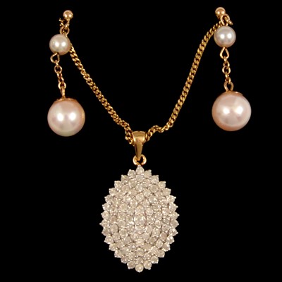 Lot 87 - A marquise shaped diamond pendant and chain, pearl drop earrings.