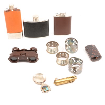 Lot 243 - Hip flasks, lighter, napkin rings, caddy spoon, spectacles, and other collectables.