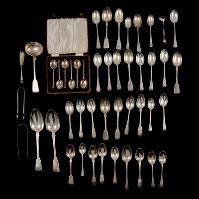 Lot 273 - A collection of hallmarked silver flatware, pair of servers, tea and coffee spoons.