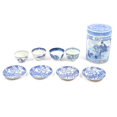 Lot 72 - Four Chinese blue and white tea bowls, four saucers, canister, etc