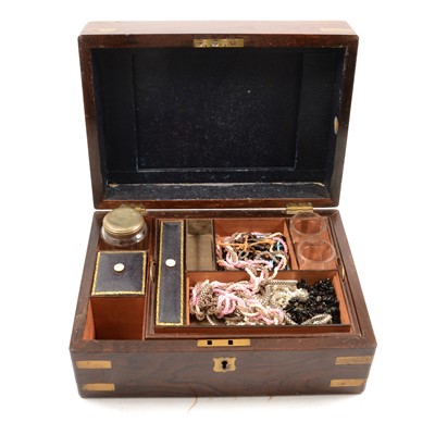 Lot 156 - A mahogany travelling case with costume jewellery, crotchet and tatting work.