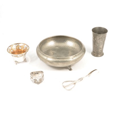 Lot 121 - Orivit Art Nouveau pewter vase, pewter fruit bowl, WMF bonbon bowl, asparagus tongs and napkin ring.