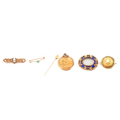 Lot 69 - A yellow metal fob watch, an Etruscan-style brooch, a stick pin and other brooches.