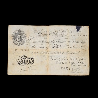 Lot 185 - WW2 Bank of England white £5 bank note.