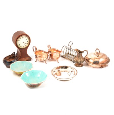 Lot 179 - A balloon shaped mantel clock, silver-plated wares, two oriental dishes.