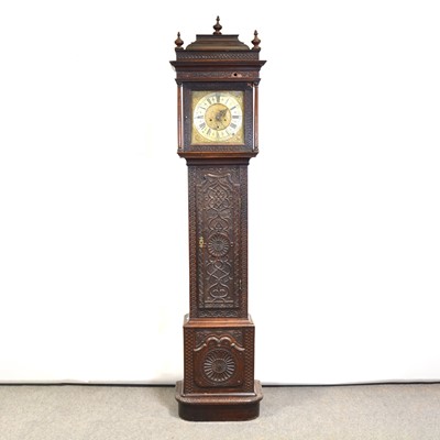 Lot 374 - Carved oak longcase clock, James Leigh