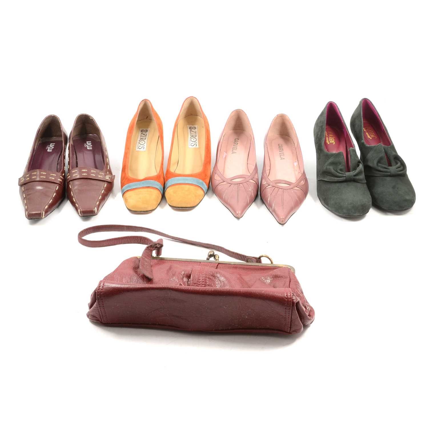 Lot 120 - Four pairs of vintage shoes, handbag.