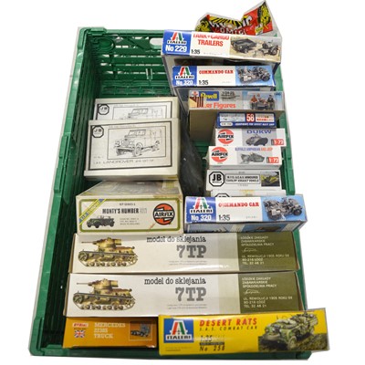 Lot 214 - Fifteen model vehicle and military kits, including Airfix, Keil Kraft, JB models