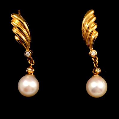 Lot 86A - A pair of cultured pearl and diamond drop earrings.