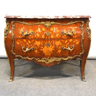 Lot 410 - French walnut and marquetry bombe shaped commode