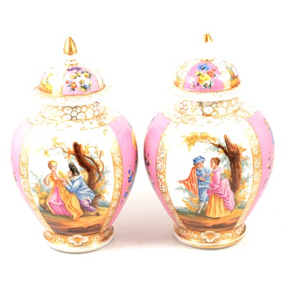 Lot 1 - Pair of Dresden porcelain vases and covers