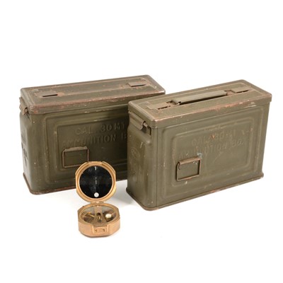 Lot 150 - Two US Army ammunitions cases, and a reproduction Stanley brass folding compass