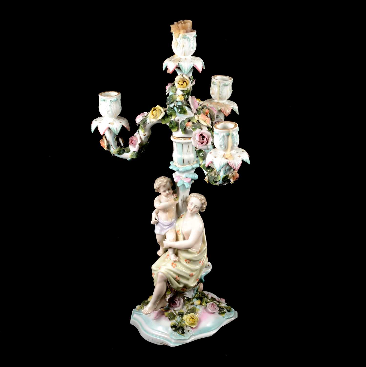 Lot 18 - Large Dresden porcelain four-light figural candelabra
