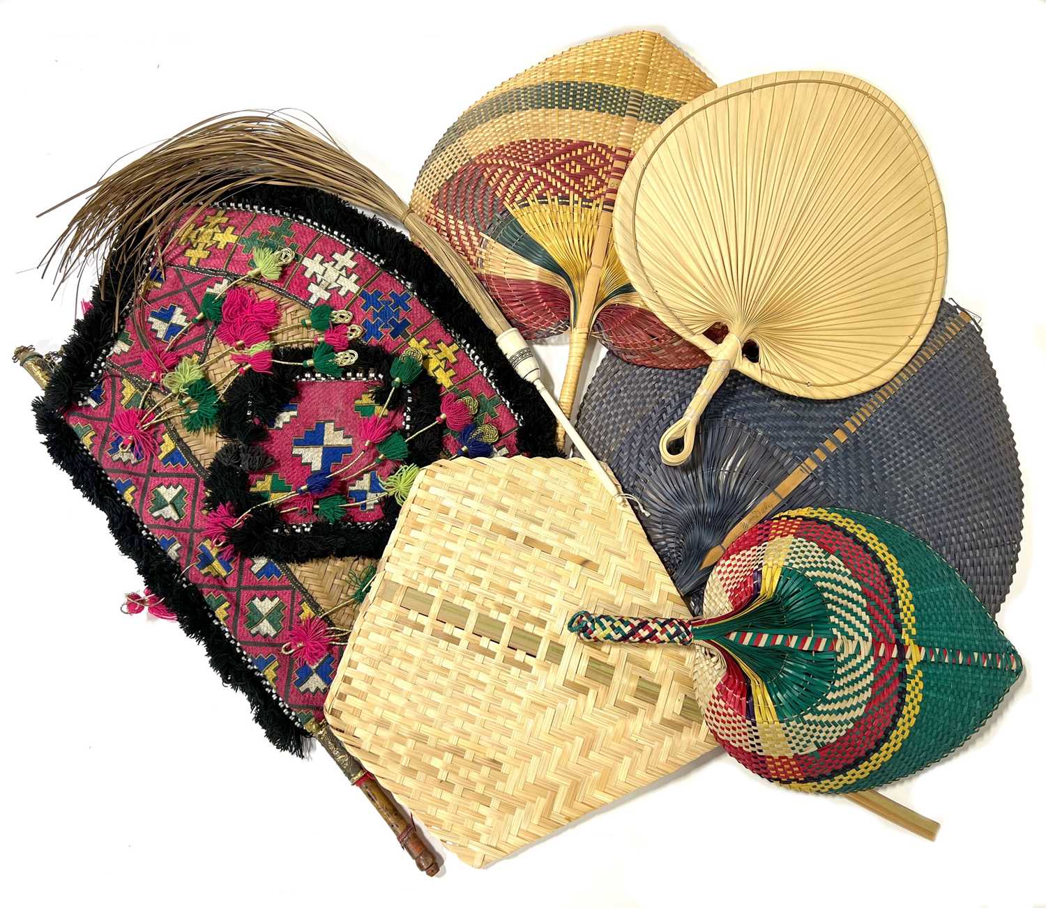 Traditional Welsh Fan Lot 33 - Collection of woven Ethnic rigid fans, and a