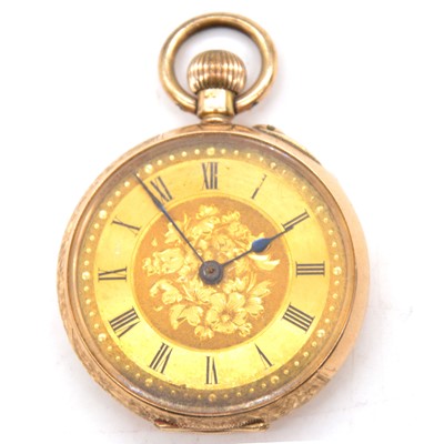 Lot 295 - A yellow metal open face fob watch.