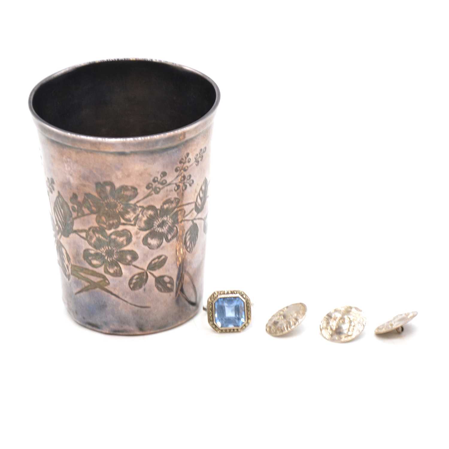 Lot 424 - A French white metal beaker, three silver buttons and a silver marcasite ring.