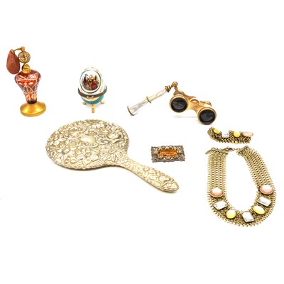 Lot 466 - A collection of rolled gold, white metal and costume jewellery and vintage dressing table items.