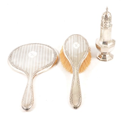 Lot 218 - Silver caster, silver backed hand brush and mirror