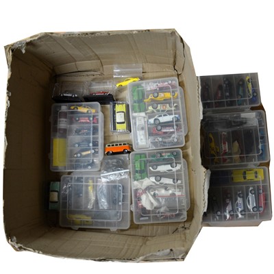 Lot 195 - A box of die-cast vehicles and slot cars