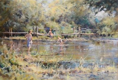 Lot 386 - David Hyde, River scene with children