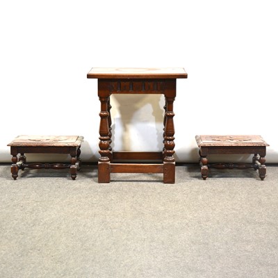 Lot 322 - Oak joint stool, 20th Century, and two oak footstools