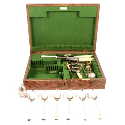 Lot 178 - Box of assorted plated cutlery and a silver-mounted bottle