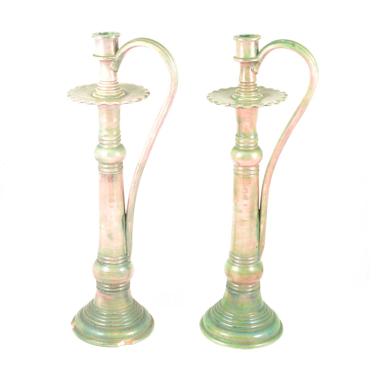 Lot 55 - Pair of Foley Pottery Spano-lustra faience candlesticks