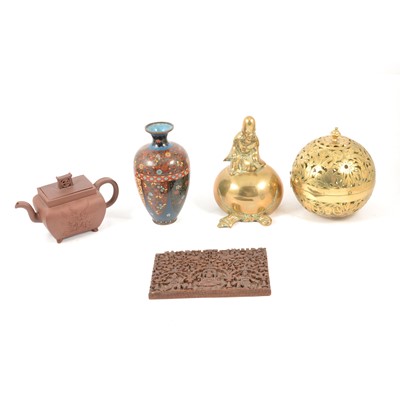 Lot 110 - Chinese Red CHina teapot, a cloisonne vase, brass figure, and a pierced brass orb.