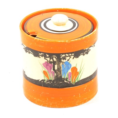 Lot 20 - Clarice Cliff, 'Awakening Crocus' drum shape preserve pot and cover