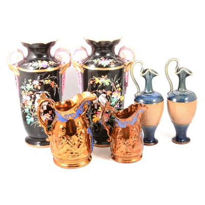 Lot 53 - Pair of Doulton Lambeth ewers, large pair of Victorian vases, and copper lustre jugs